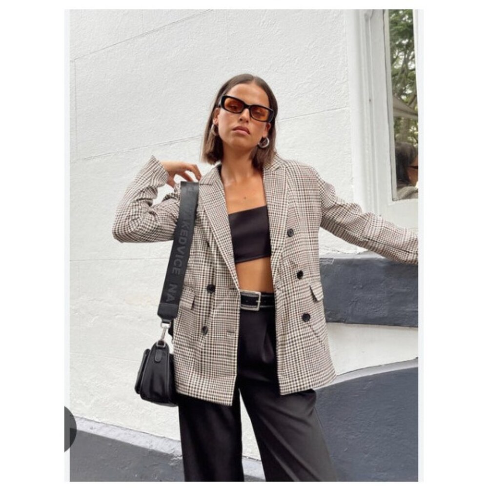 Princess Polly Tan Black Houndstooth Double-Breasted Blazer